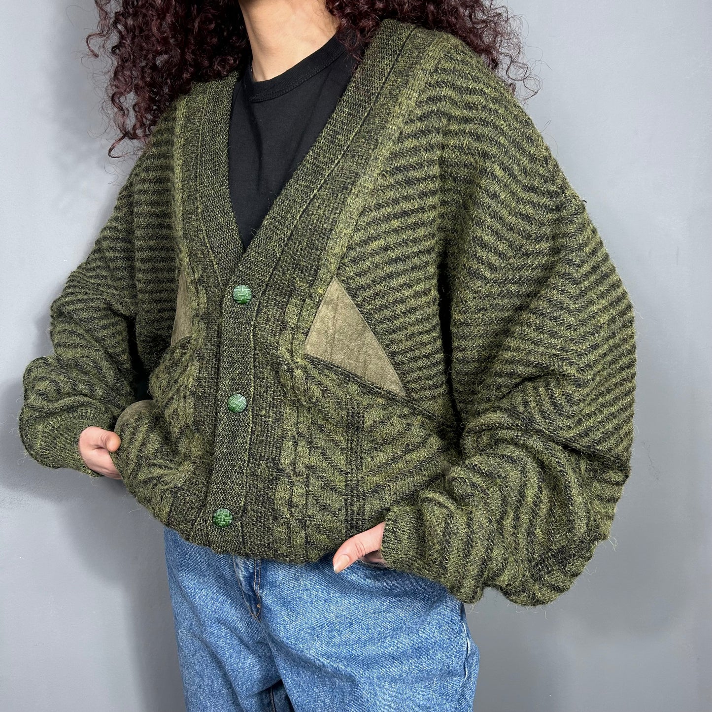 Sweater x suede cardigan