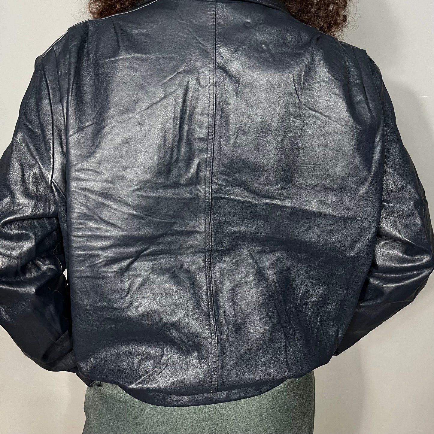 Blue leather bomber