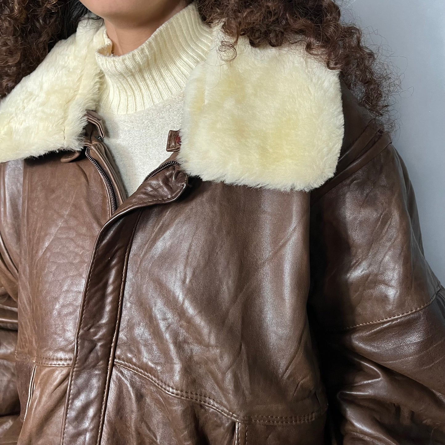 Fuzzy collar leather bomber