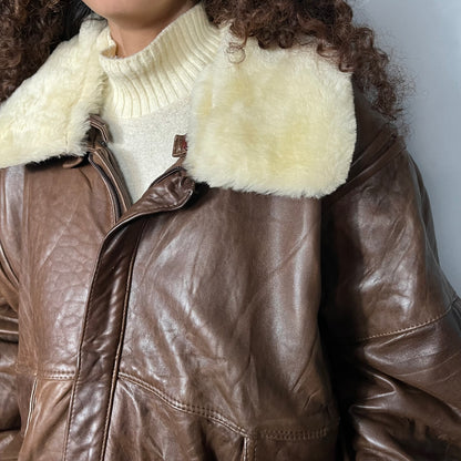 Fuzzy collar leather bomber