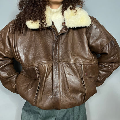 Fuzzy collar leather bomber