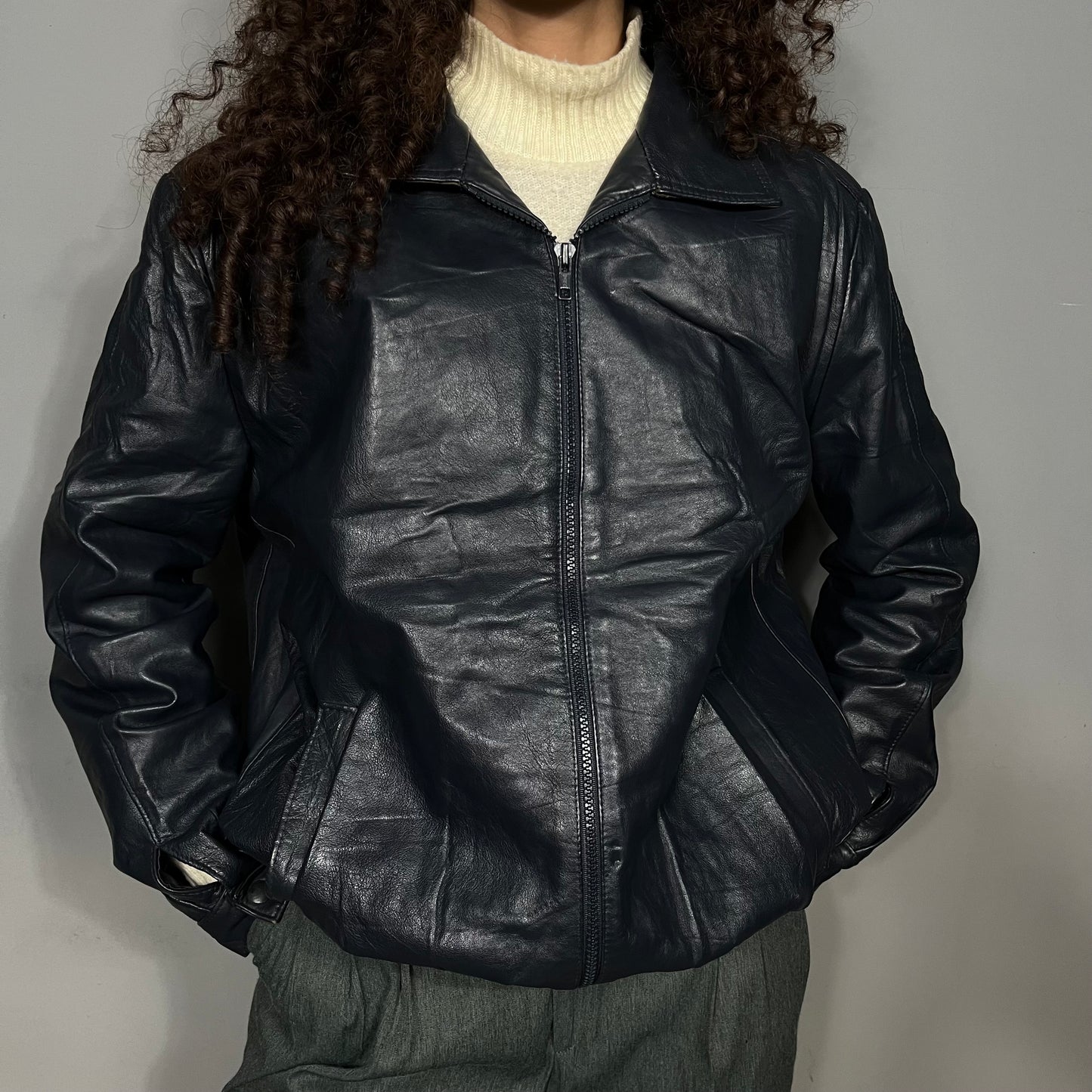 Blue leather bomber