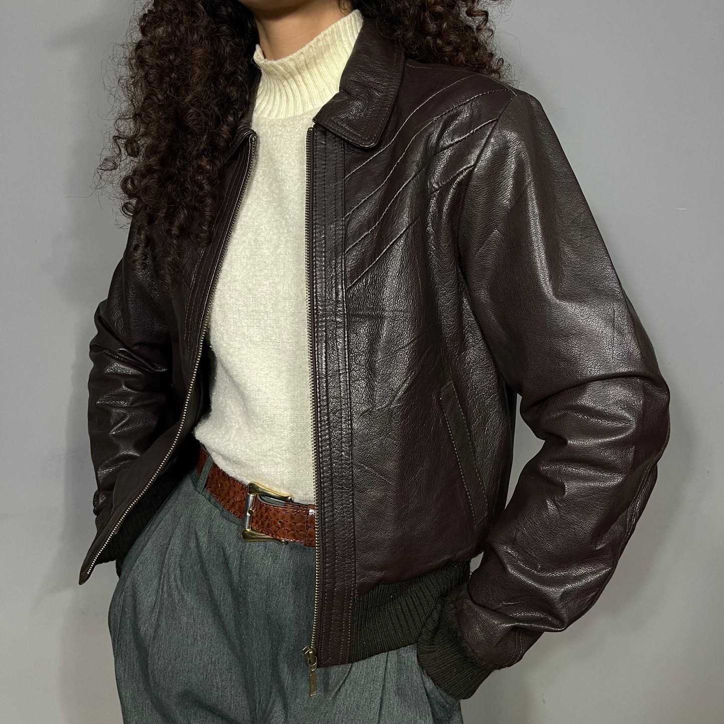 Brown leather bomber
