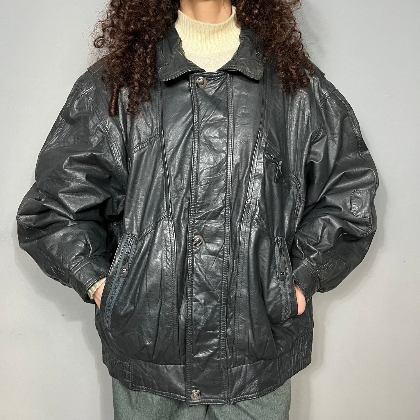 Dark grey leather bomber