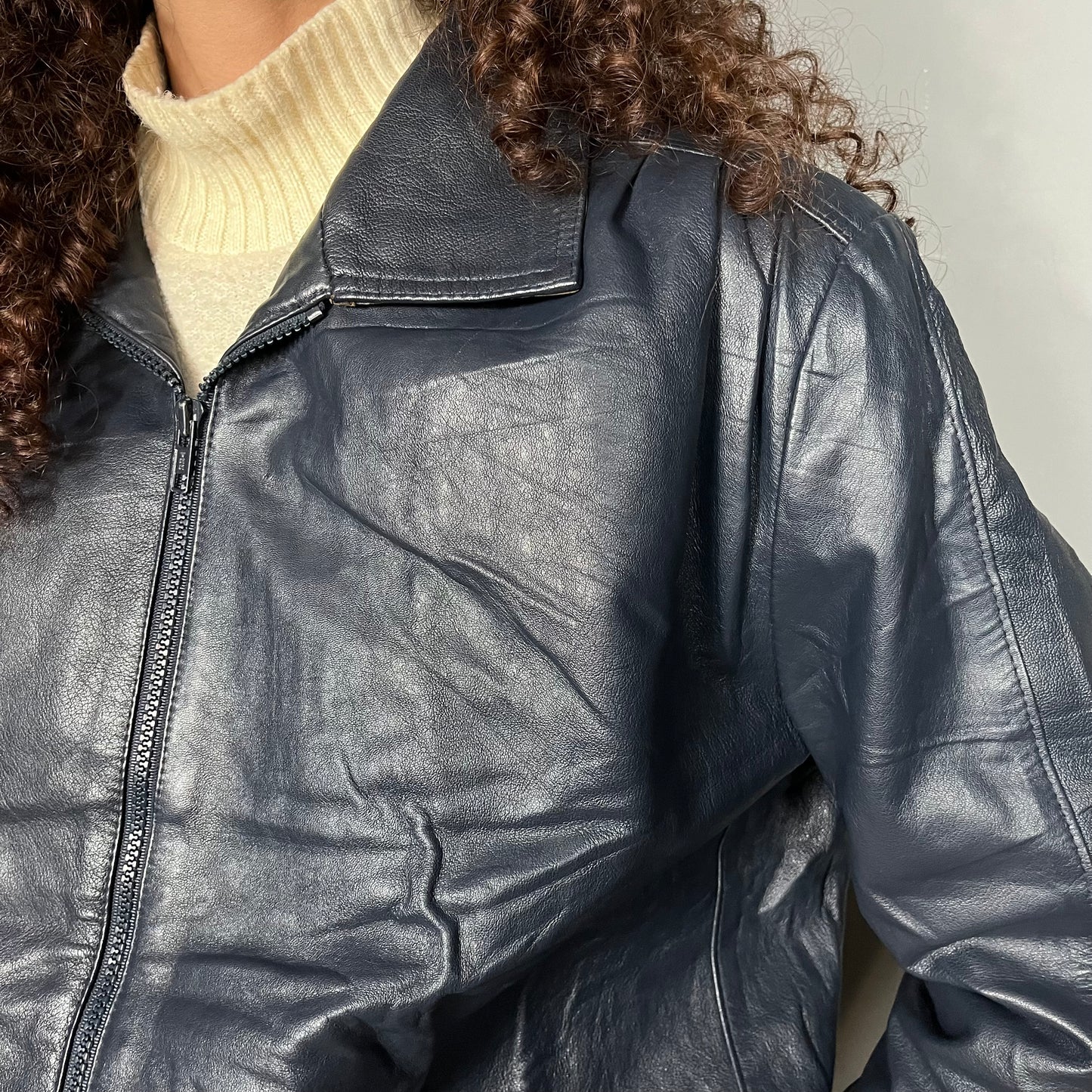 Blue leather bomber