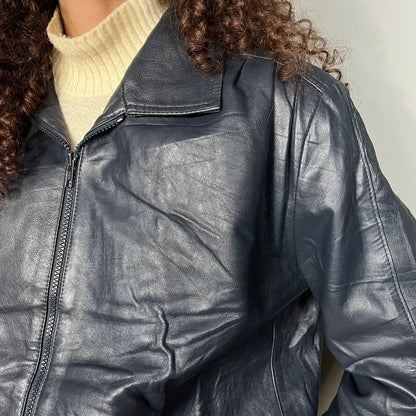 Blue leather bomber