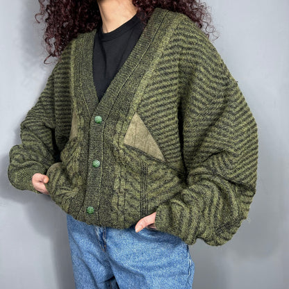 Sweater x suede cardigan