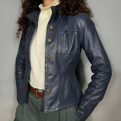Blue fitted leather jacket
