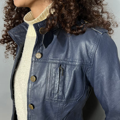 Blue fitted leather jacket
