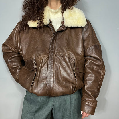 Fuzzy collar leather bomber