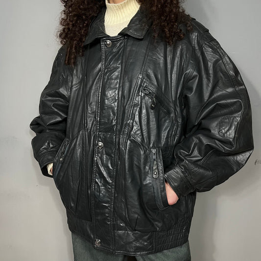 Dark grey leather bomber