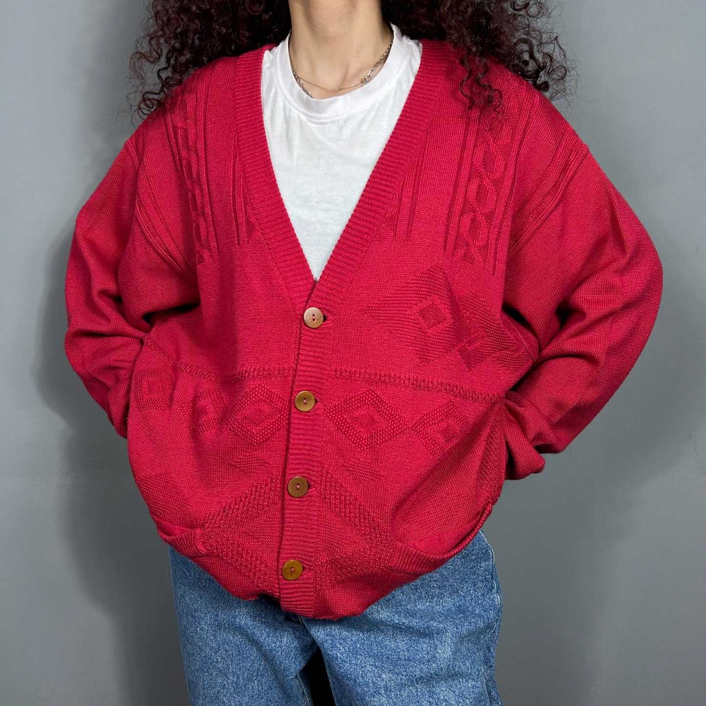 Red cardigan