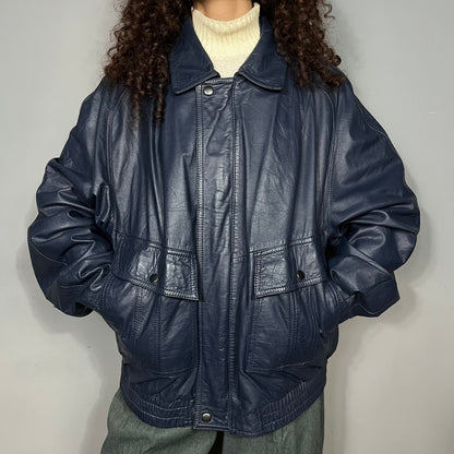 Blue leather bomber