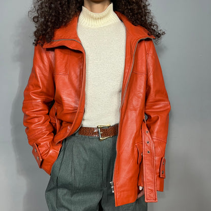 Orange leather jacket with belt